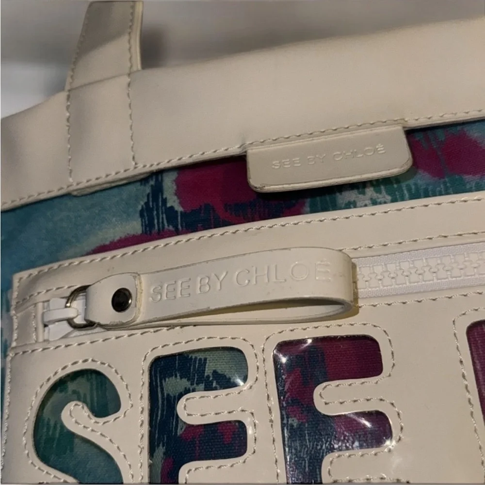 See By Chloe Multicolor Tote Bag PVC LEATHER FABRIC Floral Spring Summer Travel - Picture 6 of 12